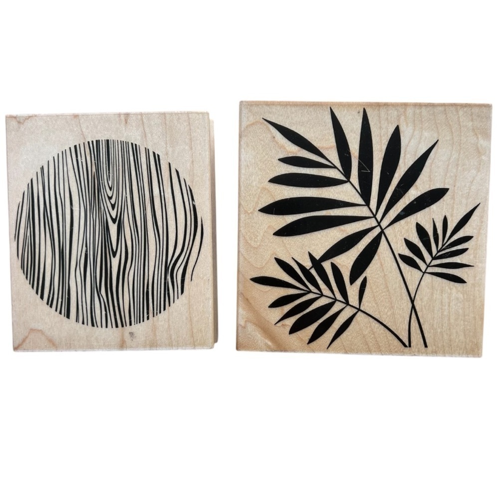 Lot of 2 Hero Arts Wood Mounted Rubber Stamps Woodgrain Circle Three Ferns